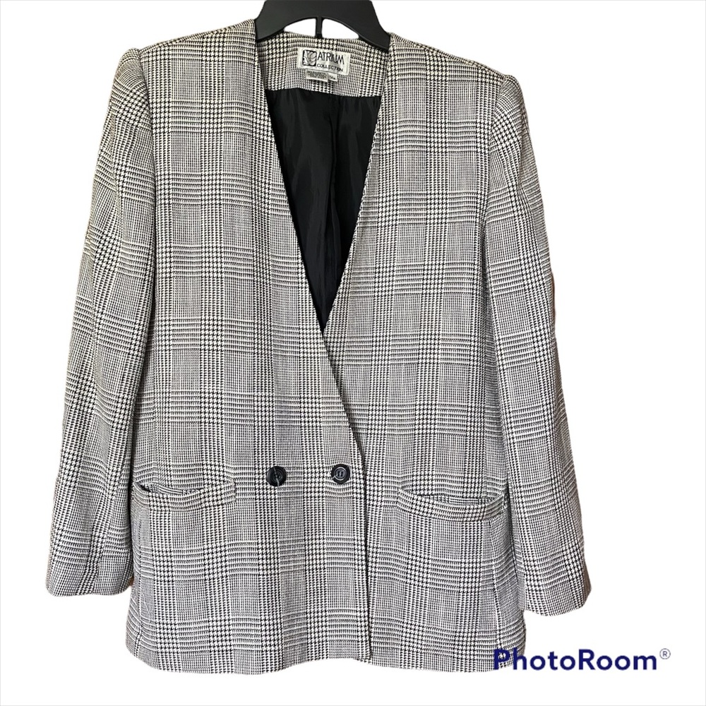 Vintage Atrium Collection Jacket Size 11/12 Black White Plaid Lined Shoulder Pad